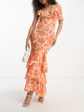 Shoulder Asymmetric Maxi Dress In Orange Floral Jacquard Newgew Dresses