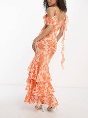 Shoulder Asymmetric Maxi Dress In Orange Floral Jacquard Newgew Dresses
