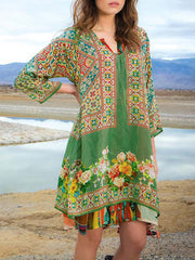 Ladies Casual Printed 3/4 Sleeve V Neck Dress Newgew Dresses