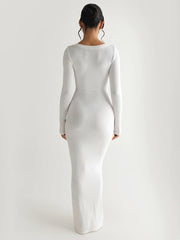 Solid Knit Square Neck Long Sleeve Maxi Dress Newgew Dresses