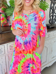 Tie-dye positioning casual V-neck pullover skirt short-sleeved long skirt Newgew Dresses