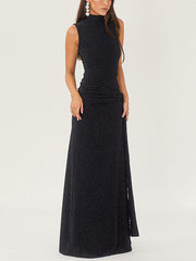 High-Necked Sleeveless Long Dress With Ribbons And Bright Silk Newgew Dresses