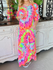 Tie-dye positioning casual V-neck pullover skirt short-sleeved long skirt Newgew Dresses