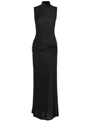 High-Necked Sleeveless Long Dress With Ribbons And Bright Silk Newgew Dresses