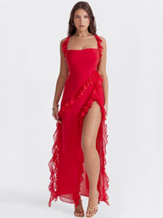 Ruffled Long Maxi Slip Dress - Red Newgew Dresses
