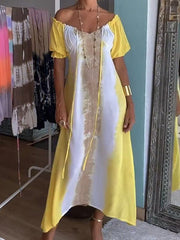 Yellow Tie Dye V-Neck Drawstring Maxi Dress Newgew Dresses