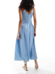 Fashionable Patchwork Smocked Sleeveless Suspender Midi Dress Newgew Dresses