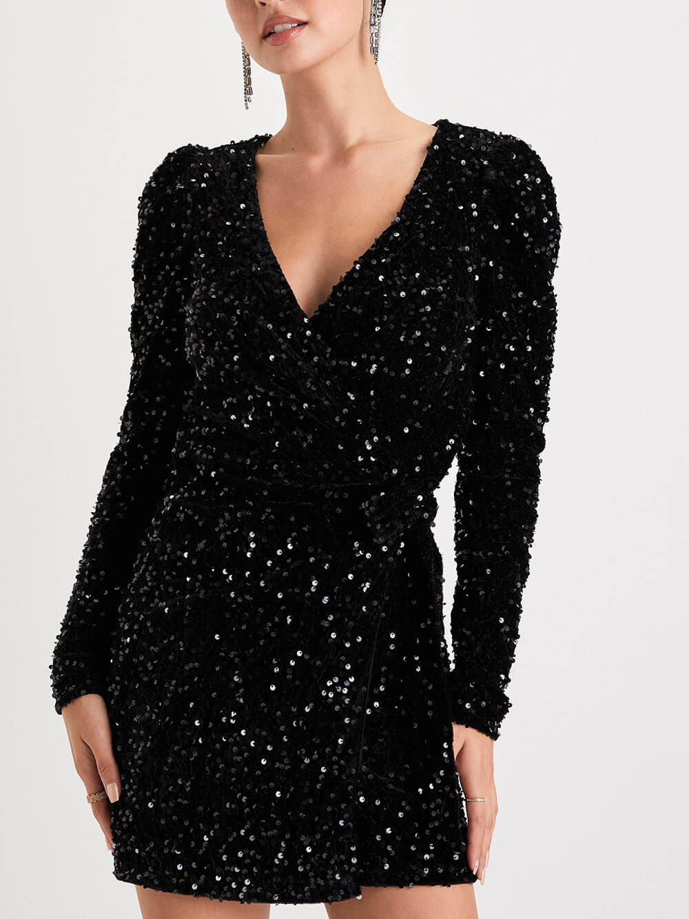 Black Sequin Velvet Long Sleeve Wrap Mini Dress Newgew Dresses