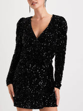 Black Sequin Velvet Long Sleeve Wrap Mini Dress Newgew Dresses