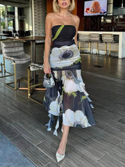 Mesh Overlay Floral Print Off Shoulder Ruched Ruffles Stretch Midi Dress Newgew Dresses