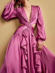 V-Neck Waist Cutout Ruffle Maxi Dress Newgew Dresses