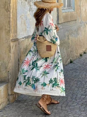 Vacation Style Botanical Print Tie-Waist Long Cover-Up Dress Newgew Dresses