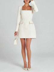 Exquisite Girl Charm Pearl Trim Slit Sleeve Pocket Mini Dress Newgew Dresses