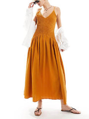 Fashionable Patchwork Smocked Sleeveless Suspender Midi Dress Newgew Dresses