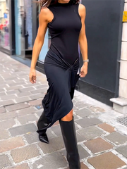 Round Neck Sleeveless Tie Solid Color Dress Newgew Dresses