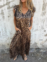 Leopard Print V-Neck Jumpsuit With Front Pockets Newgew Dresses