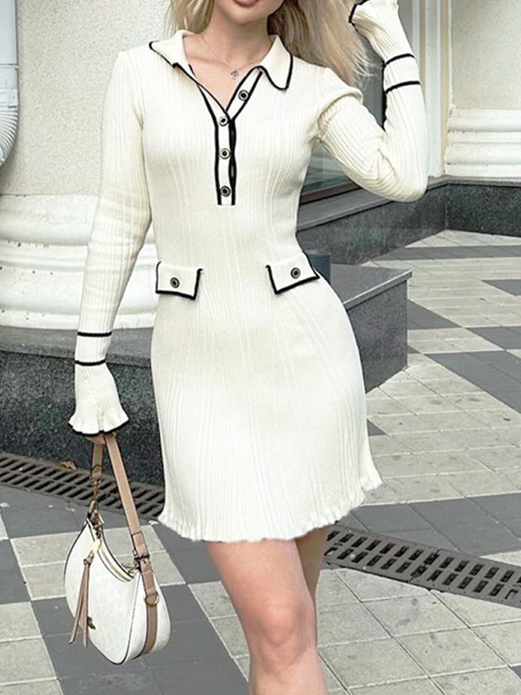 Long Sleeve Collared Knit Mini Dress Newgew Dresses