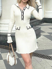 Long Sleeve Collared Knit Mini Dress Newgew Dresses