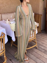 Boho V Neck Bell Sleeve Wavy Striped Crochet Beach Vacation Maxi Dress - Brown Newgew Dresses