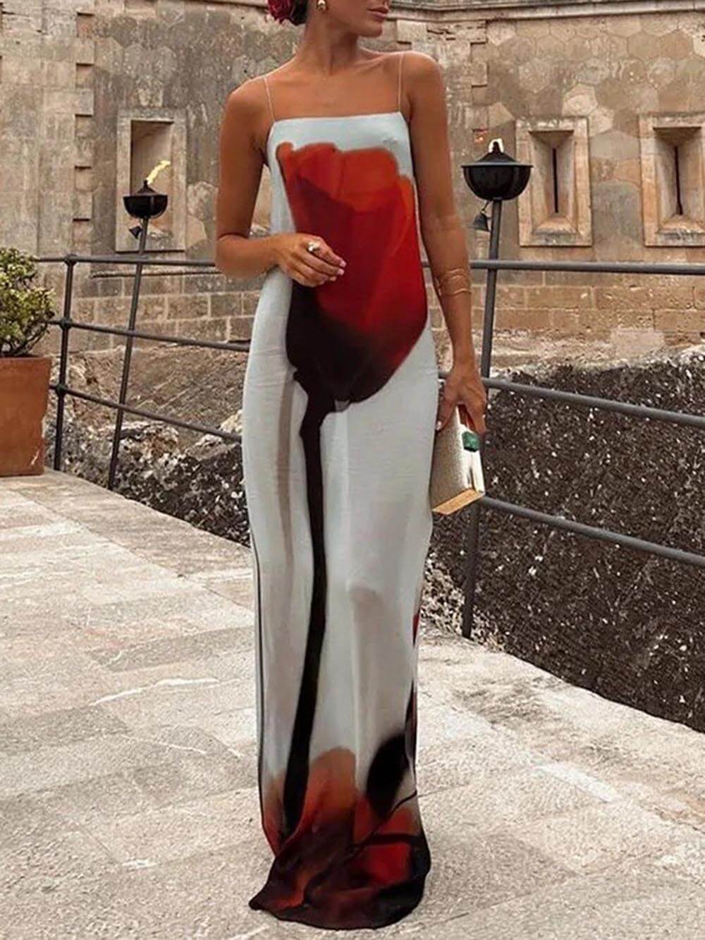 Vacation Abstract Tulip Print Slip H-Line Maxi Dress Newgew Dresses