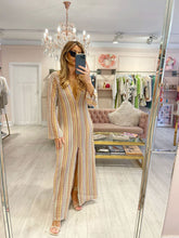 Boho V Neck Bell Sleeve Wavy Striped Crochet Beach Vacation Maxi Dress - Pink Newgew Dresses