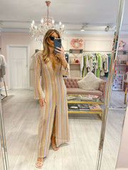 Boho V Neck Bell Sleeve Wavy Striped Crochet Beach Vacation Maxi Dress - Pink Newgew Dresses