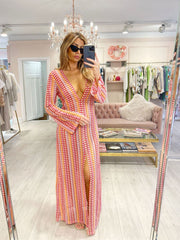 Boho V Neck Bell Sleeve Wavy Striped Crochet Beach Vacation Maxi Dress - Red Newgew Dresses