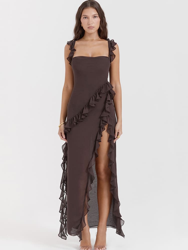 Ruffled Long Maxi Slip Dress - Coffee Newgew Dresses
