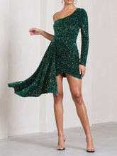 Green Sequin Velvet One Shoulder Mini Dress Newgew Dresses