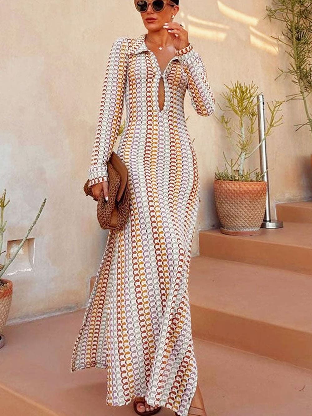 Boho Collared V Neck Split Wavy Striped Crochet Beach Vacation Maxi Dress - Brown Newgew Dresses