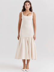 Vintage Low-Waist Midi Dress - Cream Beige Newgew Dresses