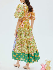 Exquisite Retro Floral Print Puff Sleeve Midi Dress Newgew Dresses