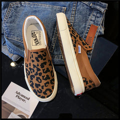 Women's Korean Style Leopard Print Dark Versatile Slip-on Canvas Shoes Newgew