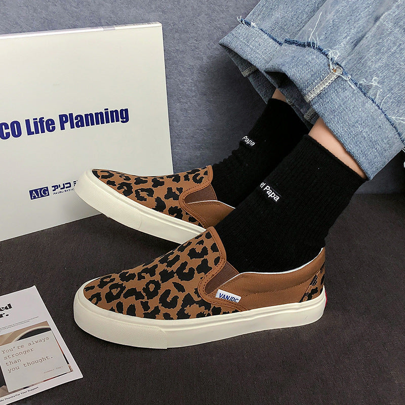 Women's Korean Style Leopard Print Dark Versatile Slip-on Canvas Shoes Newgew