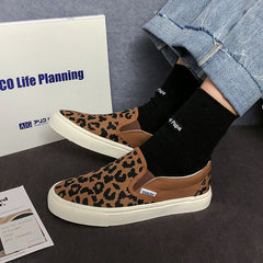 Women's Korean Style Leopard Print Dark Versatile Slip-on Canvas Shoes Newgew