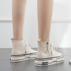 Women's Korean Style Side Zipper Black Female White Canvas Shoes Newgew