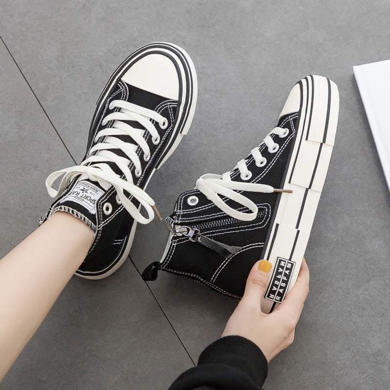 Women's Korean Style Side Zipper Black Female White Canvas Shoes Newgew