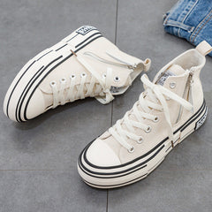 Women's Korean Style Side Zipper Black Female White Canvas Shoes Newgew