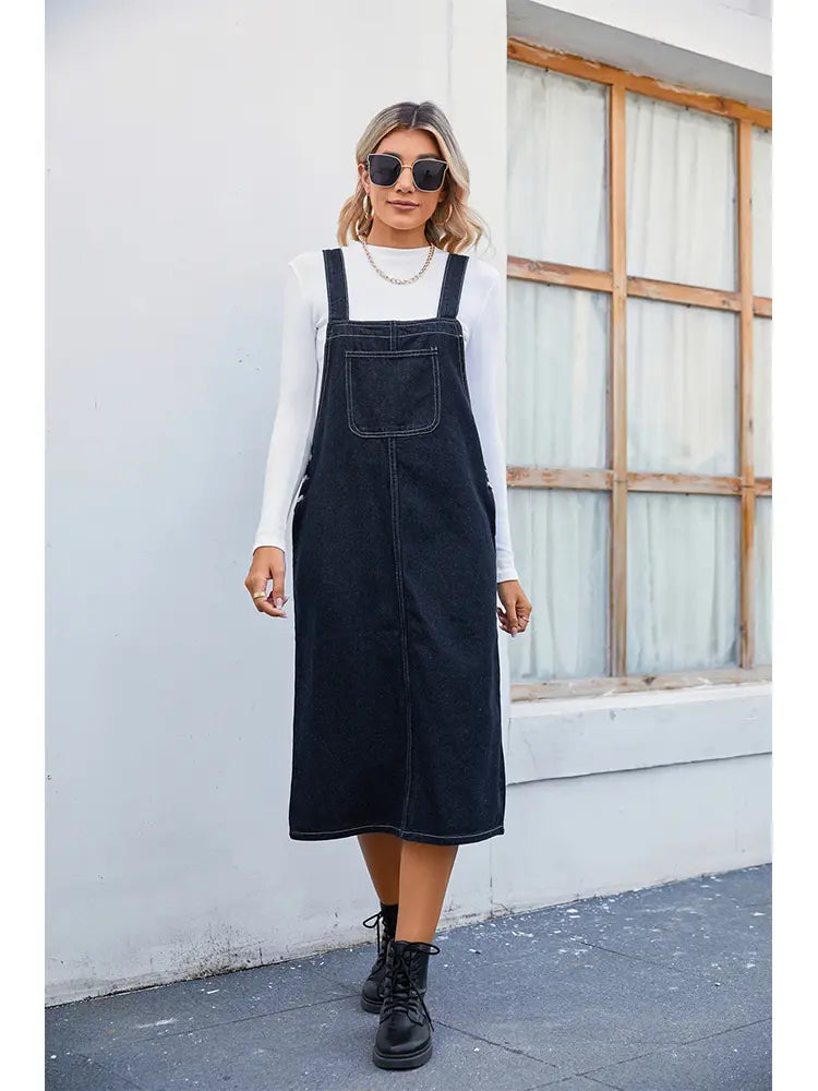Trendy Denim Pinafore Dress Midi Skirt Newgew Dresses