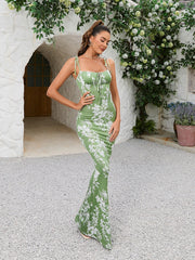 Tie Shoulder Fishtail Hem Floral Print Prom Dress Newgew Dresses