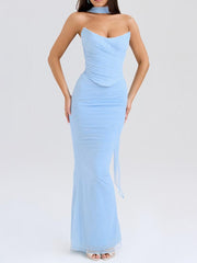 Blue Strapless Bodice and High Waist Skirt with Tie Set Newgew Dresses