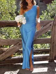 Temperament Slim Fit One Shoulder Split Satin Dress Newgew Dresses