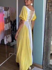 Yellow Tie Dye V-Neck Drawstring Maxi Dress Newgew Dresses