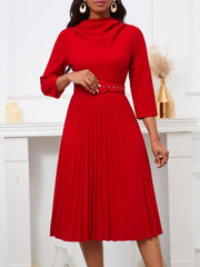 Elegant Solid Color Pleated Dress with Belt Newgew Dresses