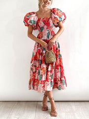 Floral Printed Smocked Tiered Fit Flare Midi Dress Newgew Dresses