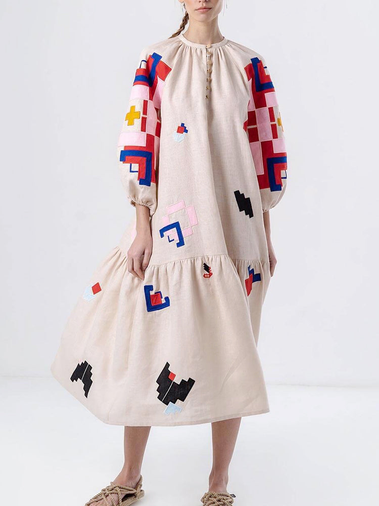 Loose Fit Printed Lantern Sleeve Casual Dress Newgew Dresses