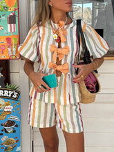 Striped Knotted Puff Sleeve Top and Elastic Waist Pocket Shorts Set Newgew Dresses