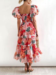 Floral Printed Smocked Tiered Fit Flare Midi Dress Newgew Dresses