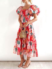 Floral Printed Smocked Tiered Fit Flare Midi Dress Newgew Dresses
