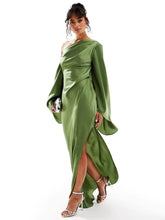 Green Asymmetrical Hem Satin Maxi Dress Newgew Dresses